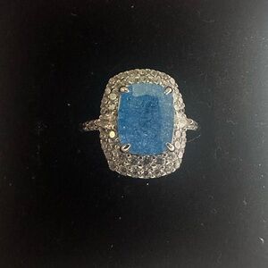 Blue Cushion Halo Ring with Pavé Silver Setting
